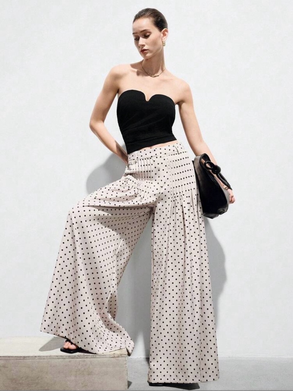 Wide-Leg Polka Dot Palazzo Pants - Cream/Black